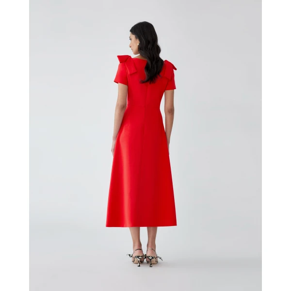 Carolina Herrera Bow-Shoulder Midi Dress in Chili Red, view 3
