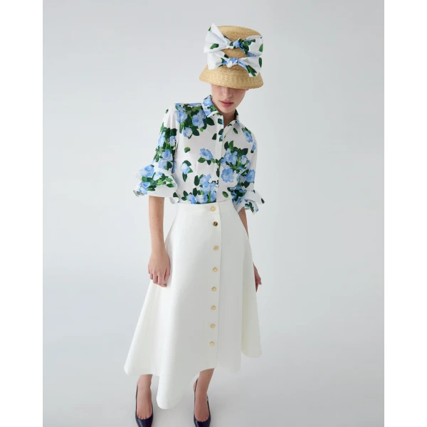 Carolina Herrera Button-Front Midi Skirt in White, view 4