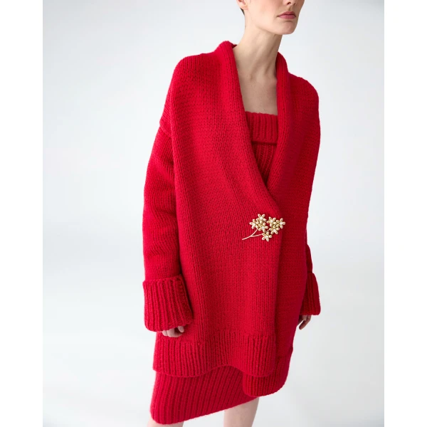 Carolina Herrera Cashmere Knit Shawl Coat in Scarlet, view 5