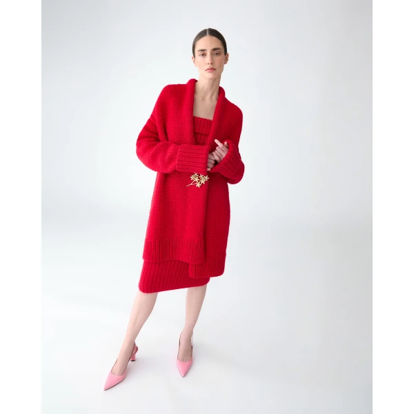 Carolina Herrera Cashmere Knit Shawl Coat in Scarlet, view 6