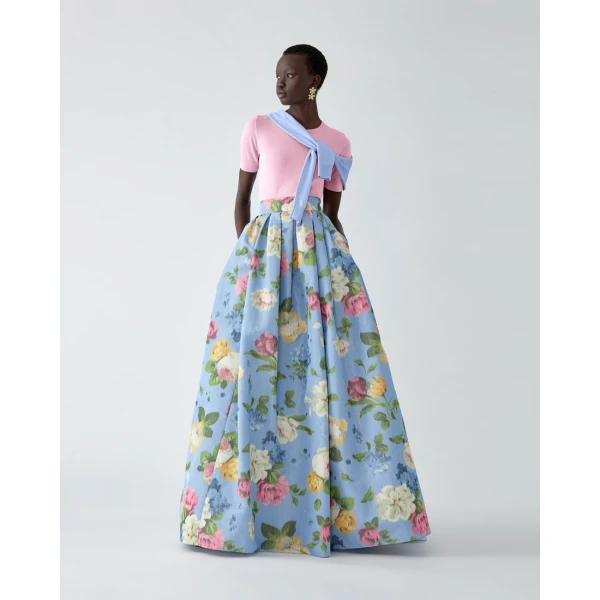 Carolina Herrera Chiné Floral-Print Ball Skirt in Cloudy Blue Mult, view 2