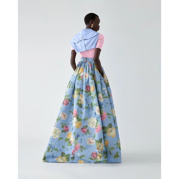 Carolina Herrera Chiné Floral-Print Ball Skirt in Cloudy Blue Mult, view 3
