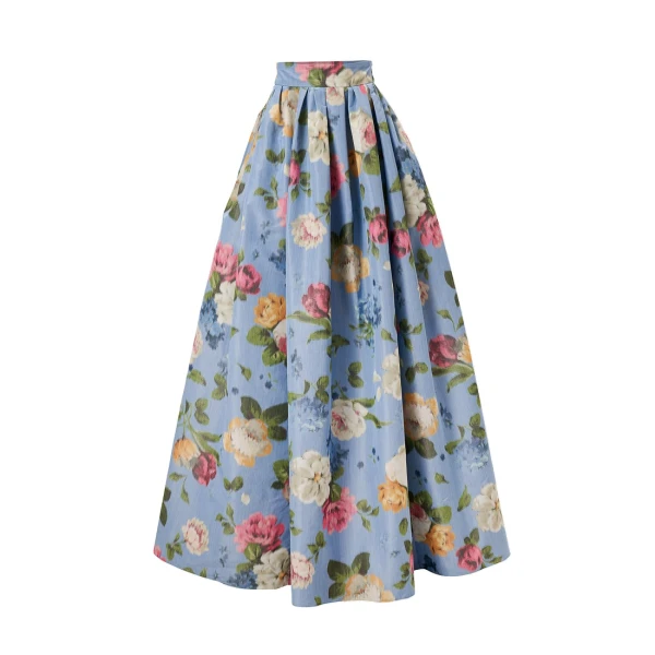 Chiné Floral-Print Ball Skirt in Cloudy Blue Mult