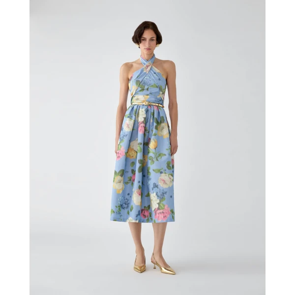 Carolina Herrera Chiné Floral-Print Halterneck Dress in Cloudy Blue Mult, view 2