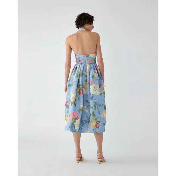 Carolina Herrera Chiné Floral-Print Halterneck Dress in Cloudy Blue Mult, view 3