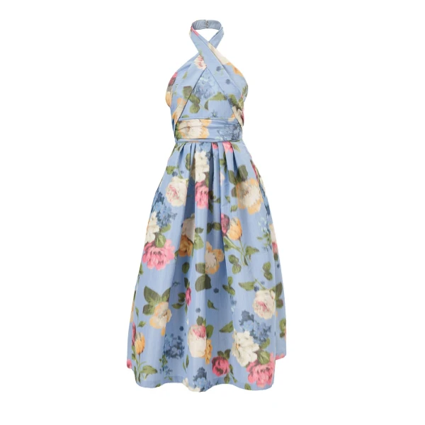 Carolina Herrera Chiné Floral-Print Halterneck Dress in Cloudy Blue Mult