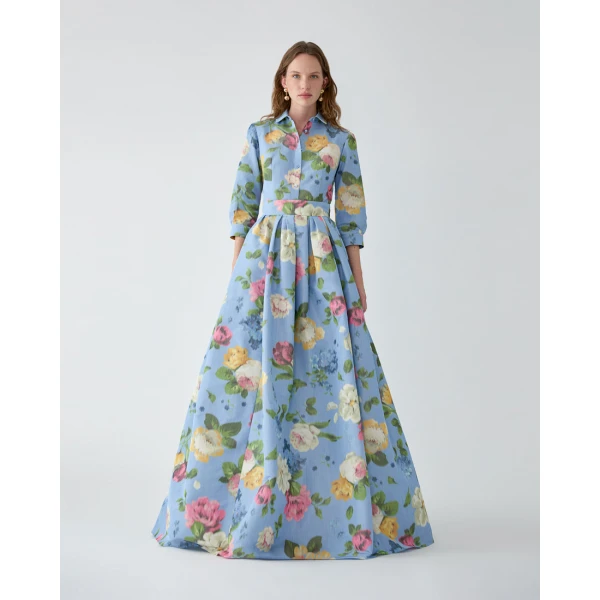 Carolina Herrera Chiné Floral-Print Shirt in Cloudy Blue Mult, view 2