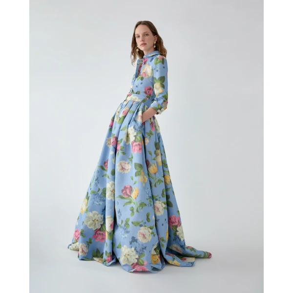 Carolina Herrera Chiné Floral-Print Shirt in Cloudy Blue Mult, view 4
