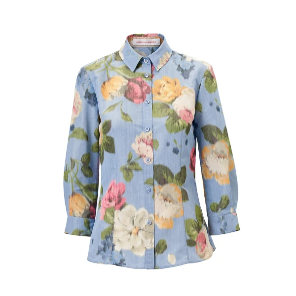 Chiné Floral-Print Shirt in Cloudy Blue Mult