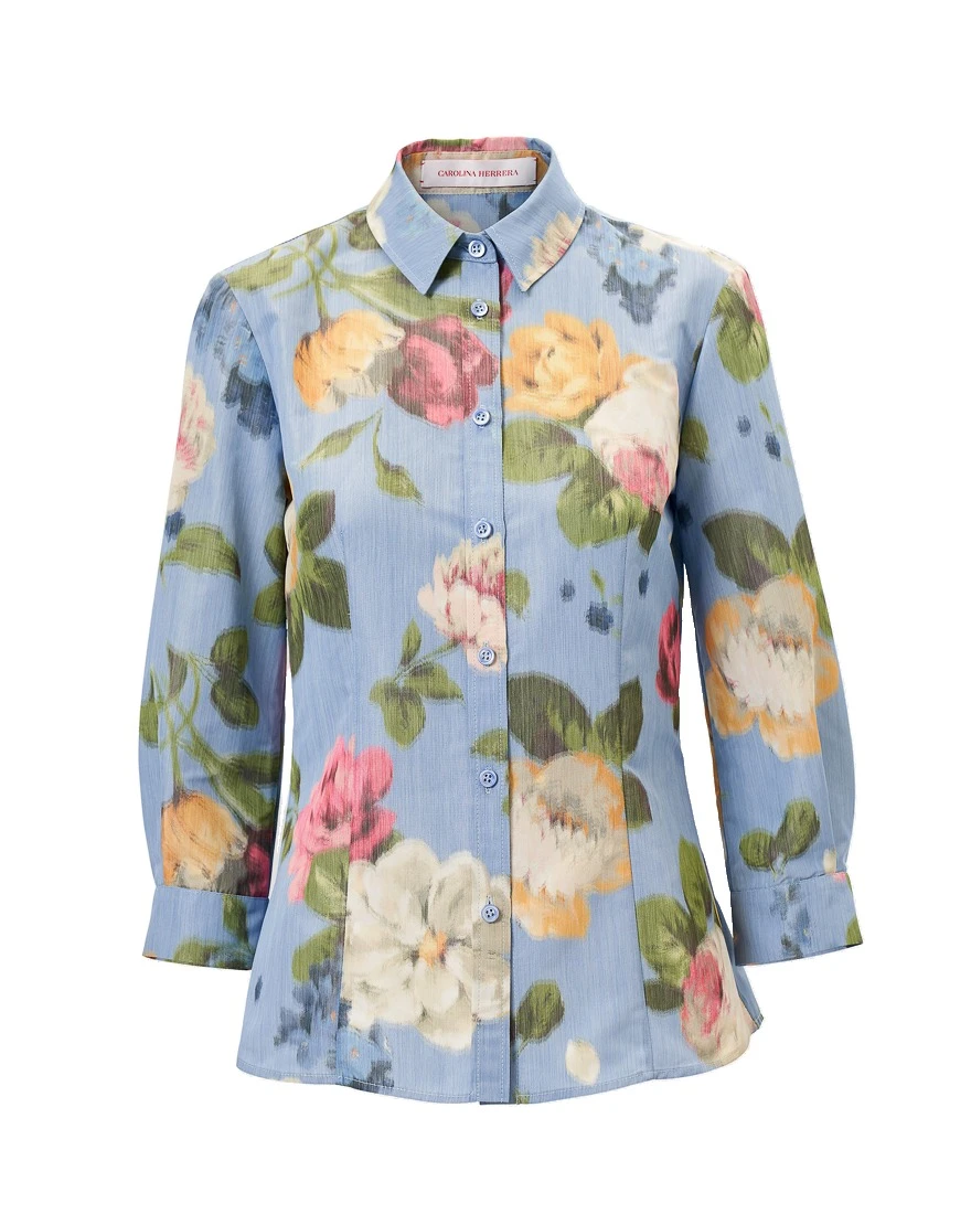 Carolina Herrera Chiné Floral-Print Shirt in Cloudy Blue Mult | Tops | Coveti Carolina Herrera Chiné Floral-Print Shirt in Cloudy Blue Mult