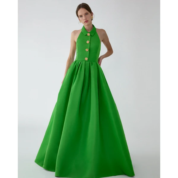 Carolina Herrera Collared Halterneck Gown in Lawn Green, view 4