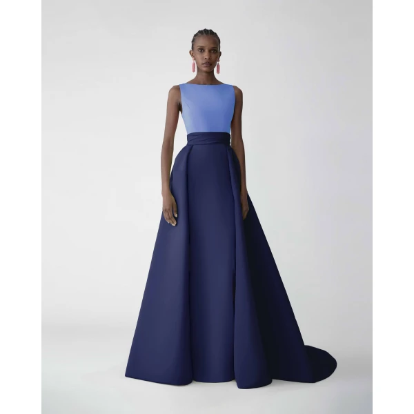 Carolina Herrera Color-Blocked Column Gown with Overskirt, view 2