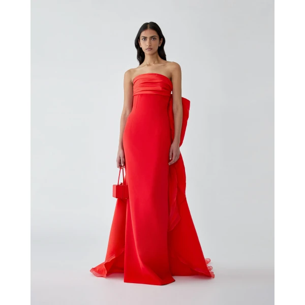 Carolina Herrera Column Gown with Bow Train in Chili Red, view 2