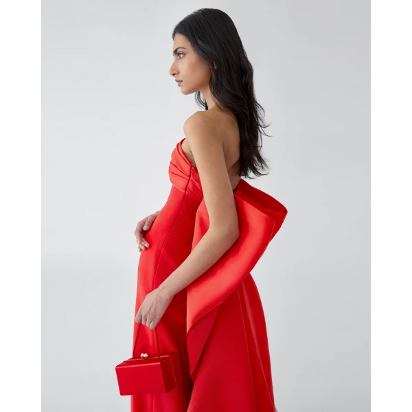 Carolina Herrera Column Gown with Bow Train in Chili Red, view 4