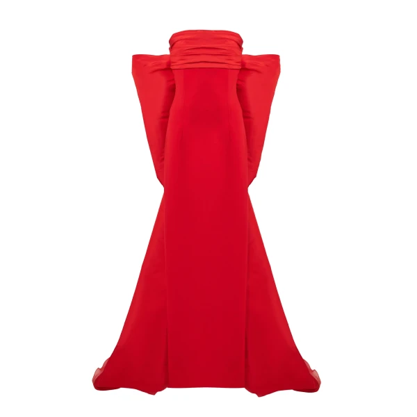 Column Gown with Bow Train in Chili Red