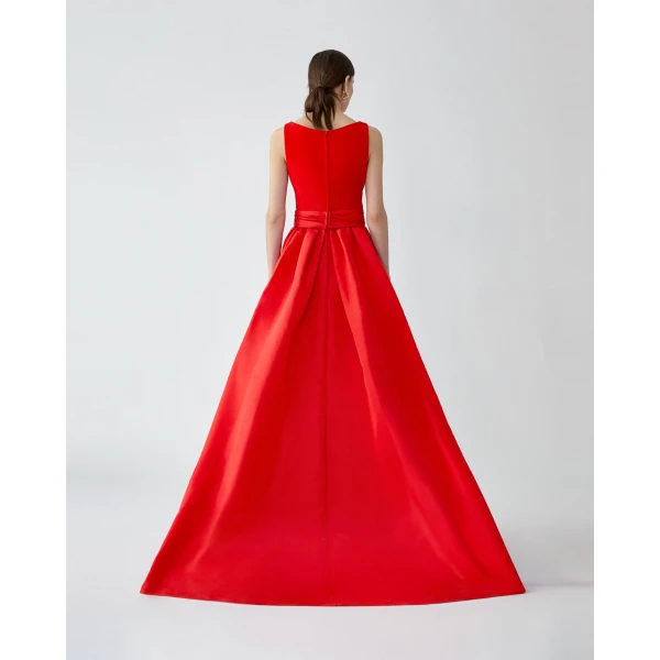 Carolina Herrera Column Gown with Overskirt in Chili Red, view 3