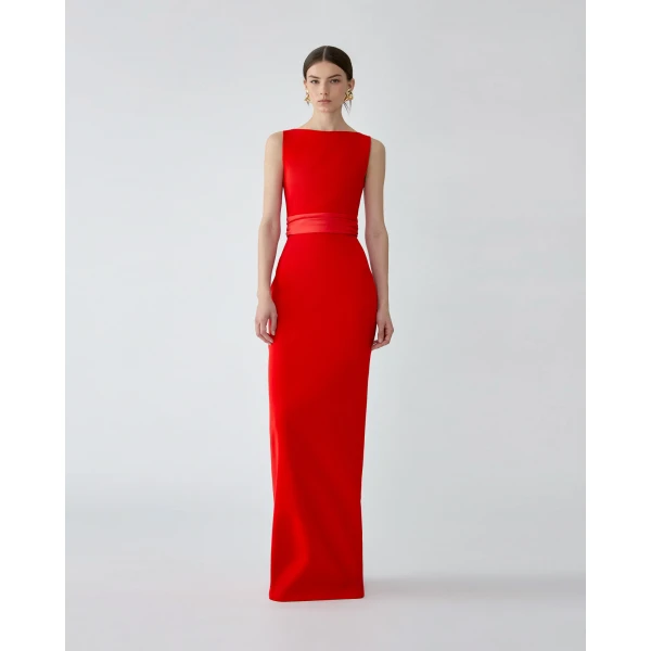 Carolina Herrera Column Gown with Overskirt in Chili Red, view 5