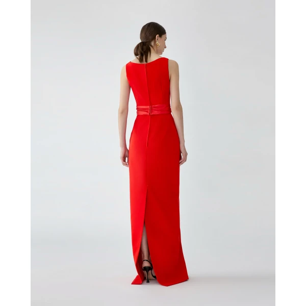 Carolina Herrera Column Gown with Overskirt in Chili Red, view 6