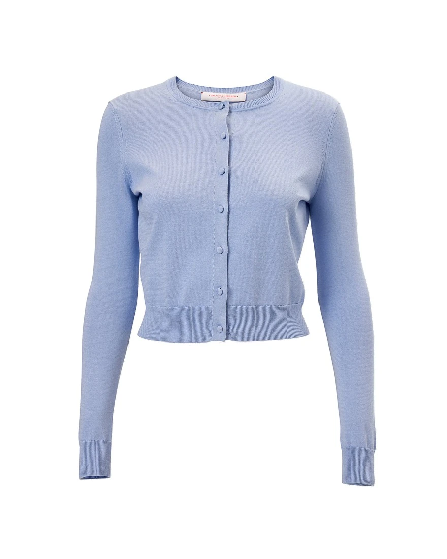 Carolina Herrera Crewneck Cardigan in Cloudy Blue | Knitwear | Coveti Carolina Herrera Crewneck Cardigan in Cloudy Blue
