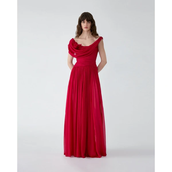 Carolina Herrera Draped Chiffon Gown with Floral Embellishment, view 2