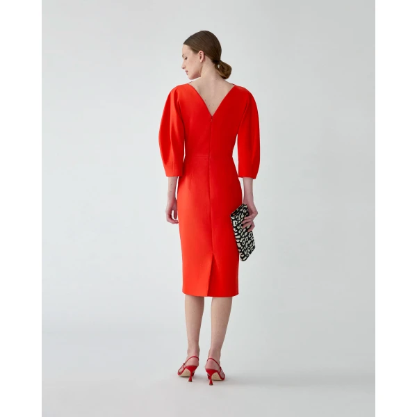 Carolina Herrera Draped-Neck Sheath Dress in Chili Red, view 3