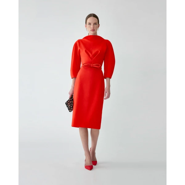 Carolina Herrera Draped-Neck Sheath Dress in Chili Red, view 4