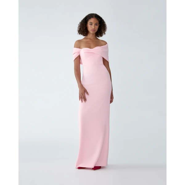 Carolina Herrera Draped Off-Shoulder Column Gown in Rosewater, view 2