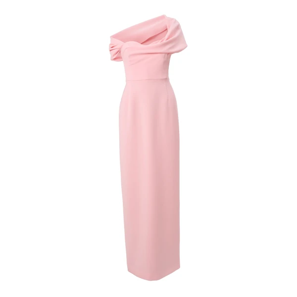 Draped Off-Shoulder Column Gown in Rosewater