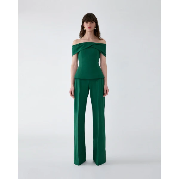 Carolina Herrera Draped Off-Shoulder Top in Racing Green, view 2