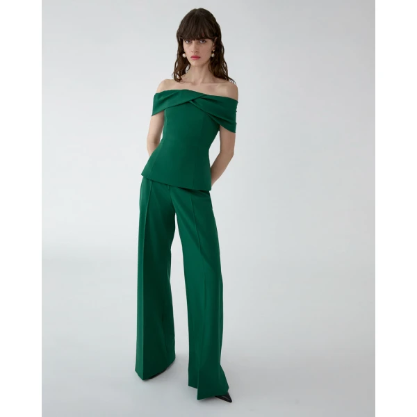 Carolina Herrera Draped Off-Shoulder Top in Racing Green, view 4