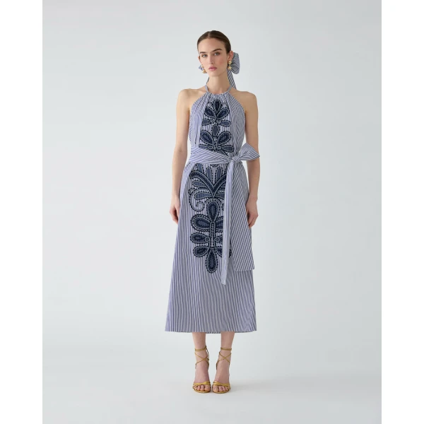 Carolina Herrera Embroidered Striped Halterneck Midi Dress, view 2