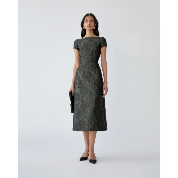 Carolina Herrera Floral Cloque Lurex Jacquard A-Line Dress in Forest Green, view 2