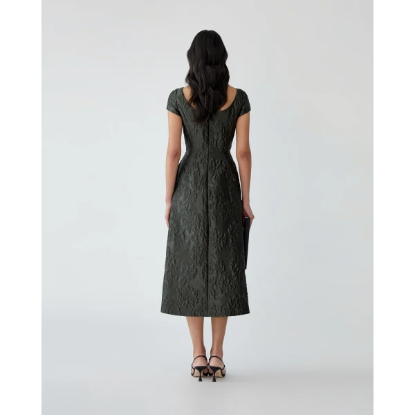 Carolina Herrera Floral Cloque Lurex Jacquard A-Line Dress in Forest Green, view 3