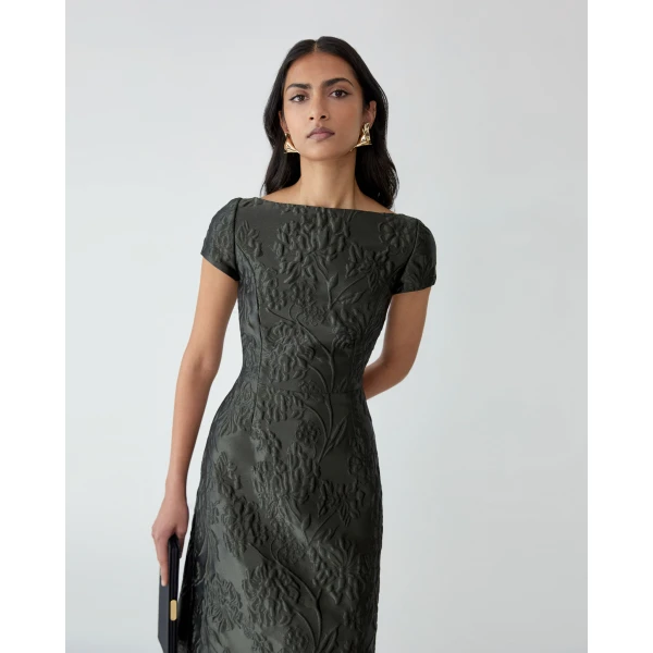 Carolina Herrera Floral Cloque Lurex Jacquard A-Line Dress in Forest Green, view 4