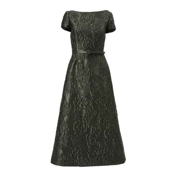 Floral Cloque Lurex Jacquard A-Line Dress in Forest Green