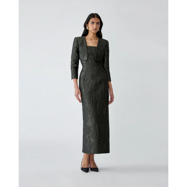 Carolina Herrera Floral Cloque Lurex Jacquard Bolero Jacket in Forest Green, view 2