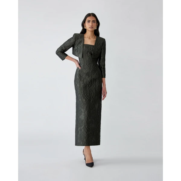 Carolina Herrera Floral Cloque Lurex Jacquard Bolero Jacket in Forest Green, view 4