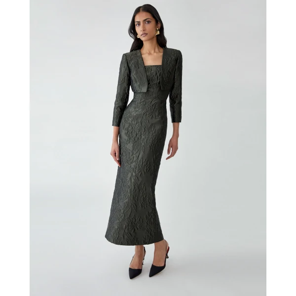Carolina Herrera Floral Cloque Lurex Jacquard Bolero Jacket in Forest Green, view 5