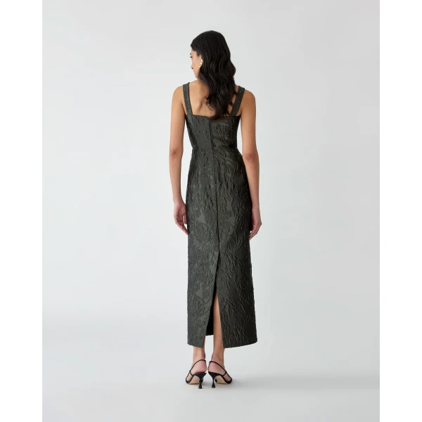 Carolina Herrera Floral Cloque Lurex Jacquard Column Dress in Forest Green, view 3