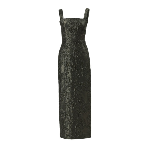 Carolina Herrera Floral Cloque Lurex Jacquard Column Dress in Forest Green
