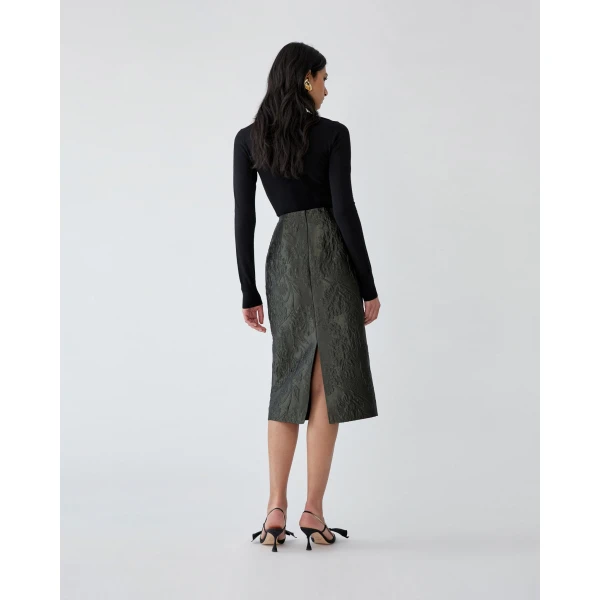 Carolina Herrera Floral Cloque Lurex Jacquard Pencil Skirt in Forest Green, view 3