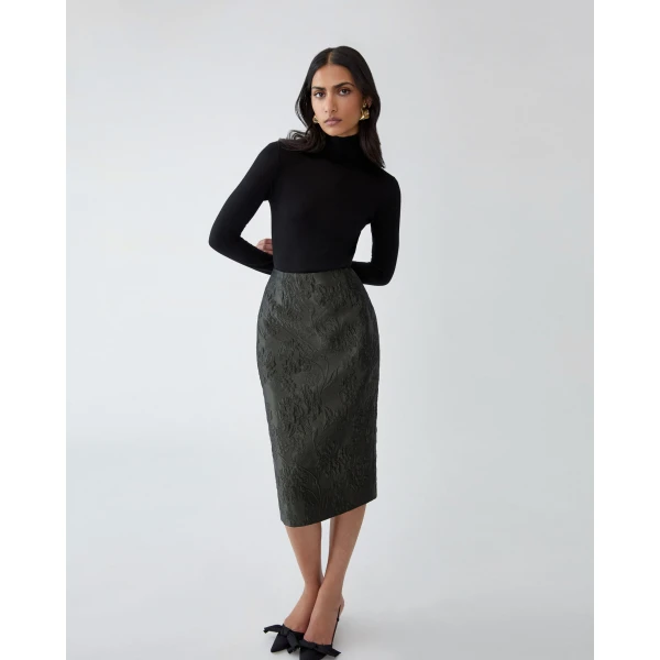 Carolina Herrera Floral Cloque Lurex Jacquard Pencil Skirt in Forest Green, view 4