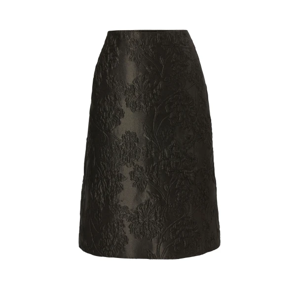 Floral Cloque Lurex Jacquard Pencil Skirt in Forest Green
