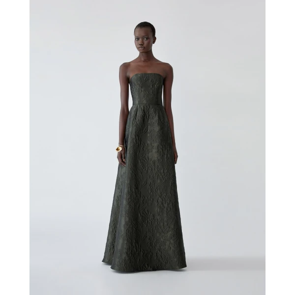 Carolina Herrera Floral Cloque Lurex Jacquard Strapless Gown in Forest Green, view 2