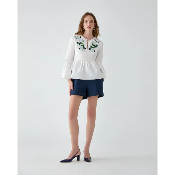 Carolina Herrera Floral-Embroidered Bell Sleeve Top, view 2