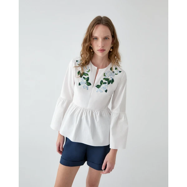 Carolina Herrera Floral-Embroidered Bell Sleeve Top, view 4