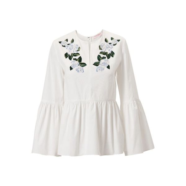 Carolina Herrera Floral-Embroidered Bell Sleeve Top