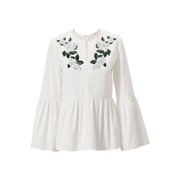 Carolina Herrera Floral-Embroidered Bell Sleeve Top