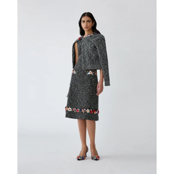 Carolina Herrera Floral-Embroidered Bouclé Cardigan, view 2
