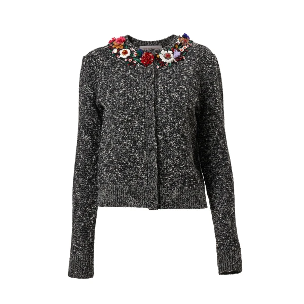Floral-Embroidered Bouclé Cardigan